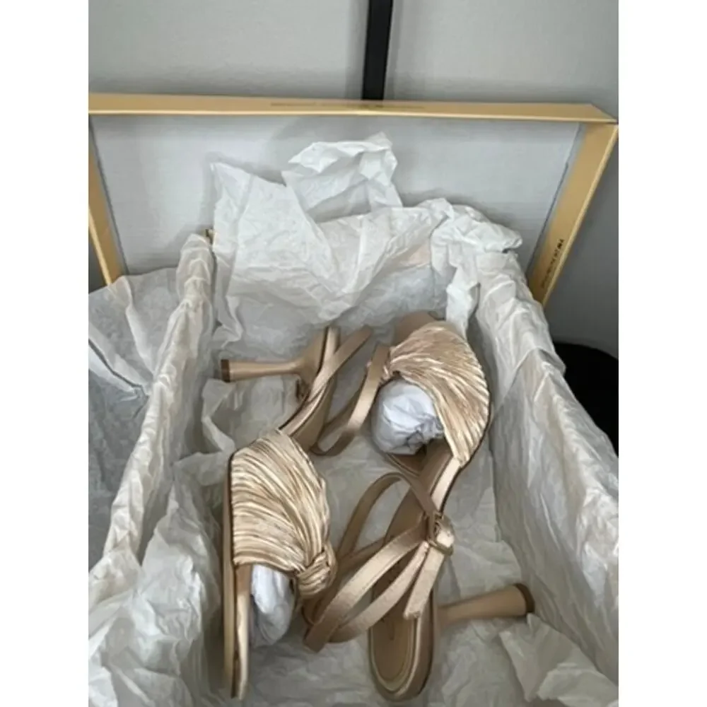 Jewel Badgley Mischka Ibis Latte Satin Knot Evening Sandals Size 6 NIB